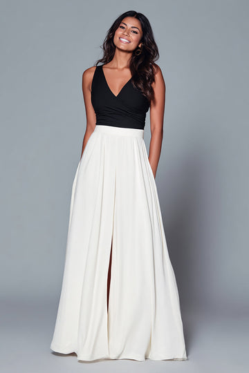 Noir et blanc Robe longue formelle à col en V avec fente